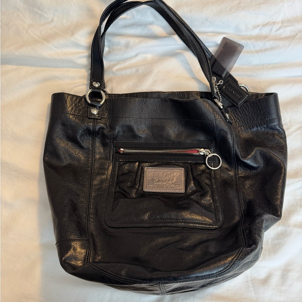 Coach Poppy Black Leather Tote with Silver Hardware